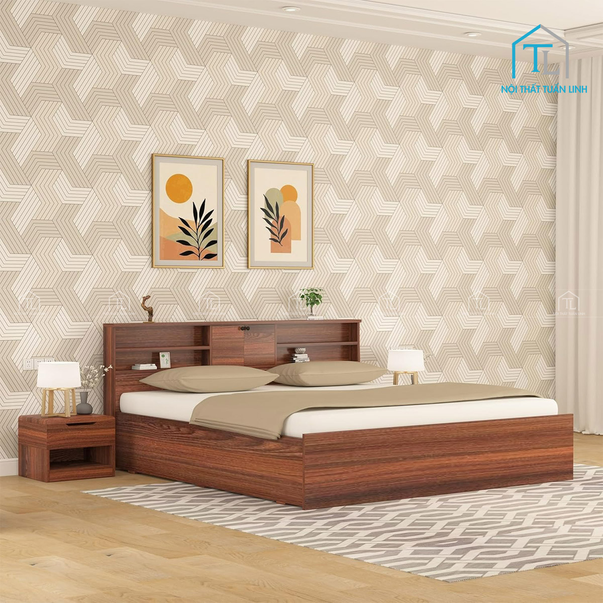 Giường ngủ gỗ công nghiệp có hộc lưu trữ thiết kế hiện đại