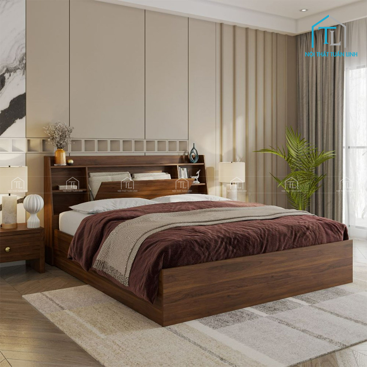 Giường ngủ gỗ công nghiệp có ngăn chứa thiết kế hiện đại, tiện nghi