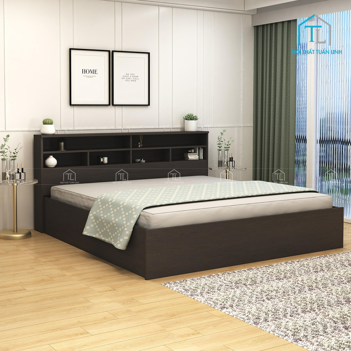 Giường ngủ gỗ công nghiệp có ngăn chứa tiện lợi thiết kế hiện đại