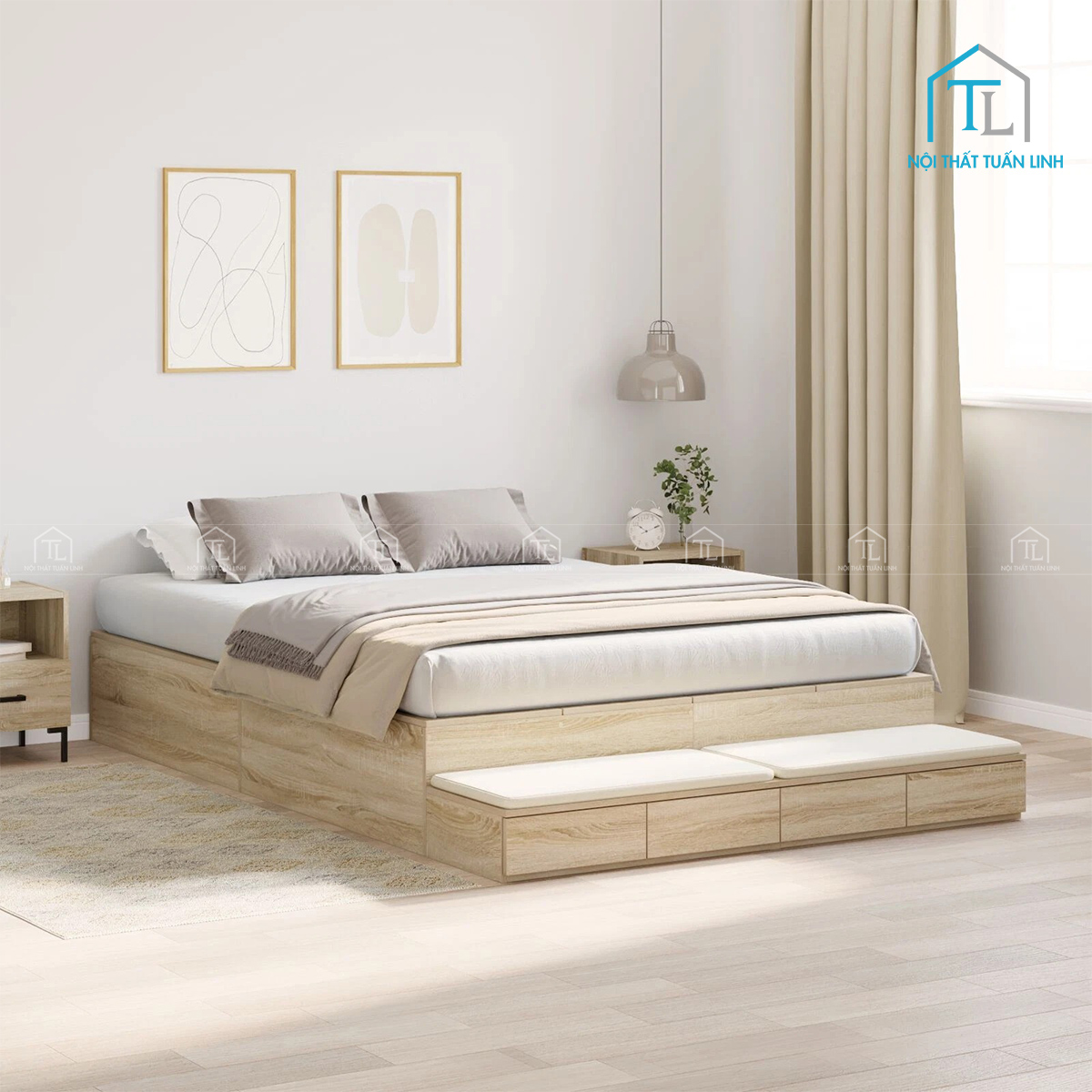 Giường ngủ gỗ công nghiệp có ngăn kéo màu gỗ sồi hiện đại