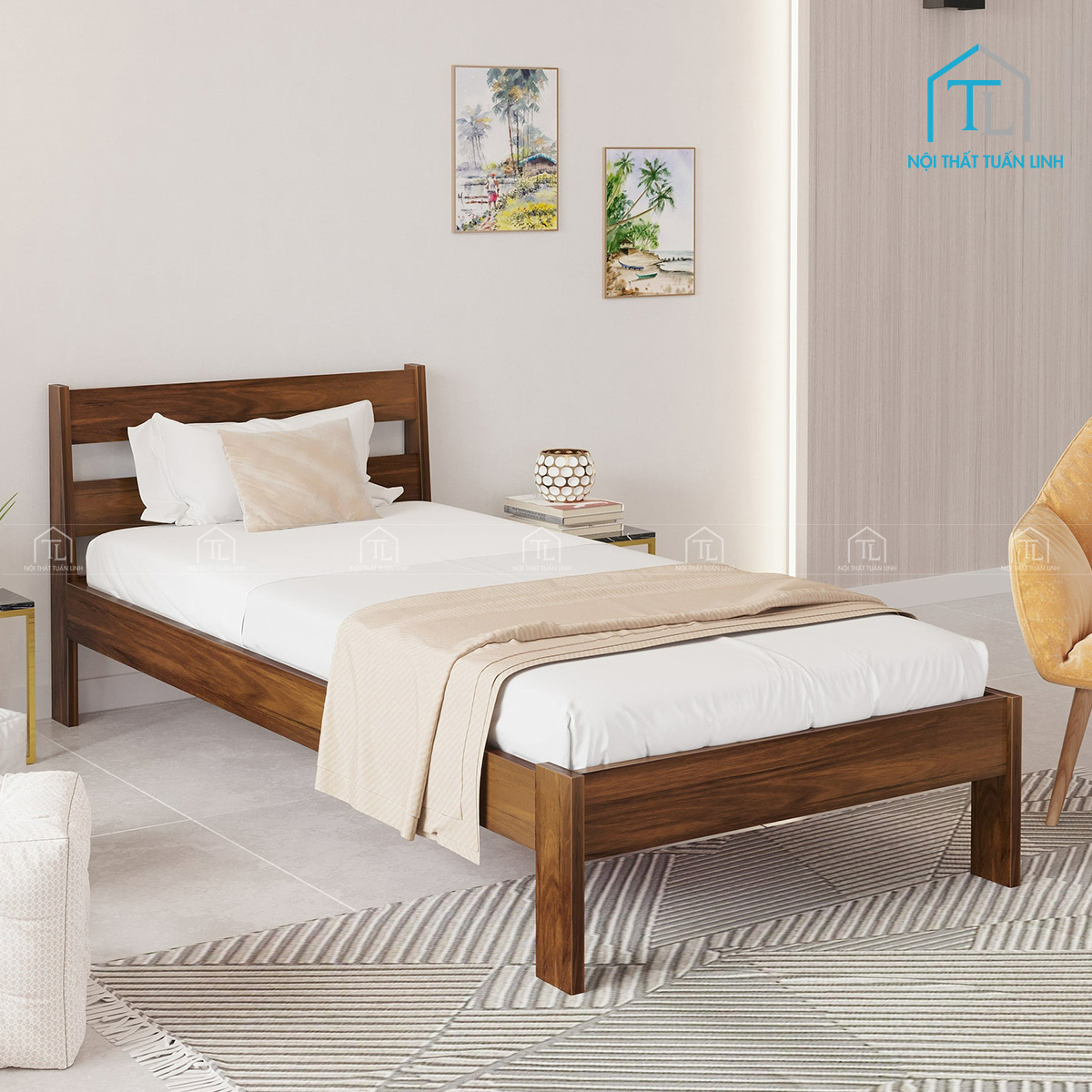 Giường ngủ gỗ công nghiệp đơn phong cách tối giản