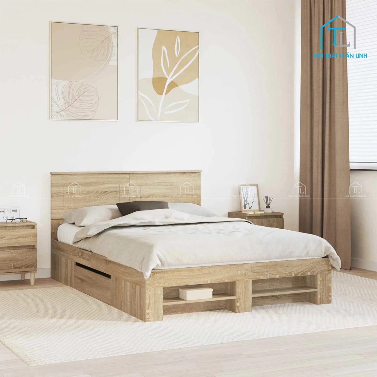 Giường ngủ gỗ công nghiệp màu gỗ sồi có ngăn kéo tiện lợi
