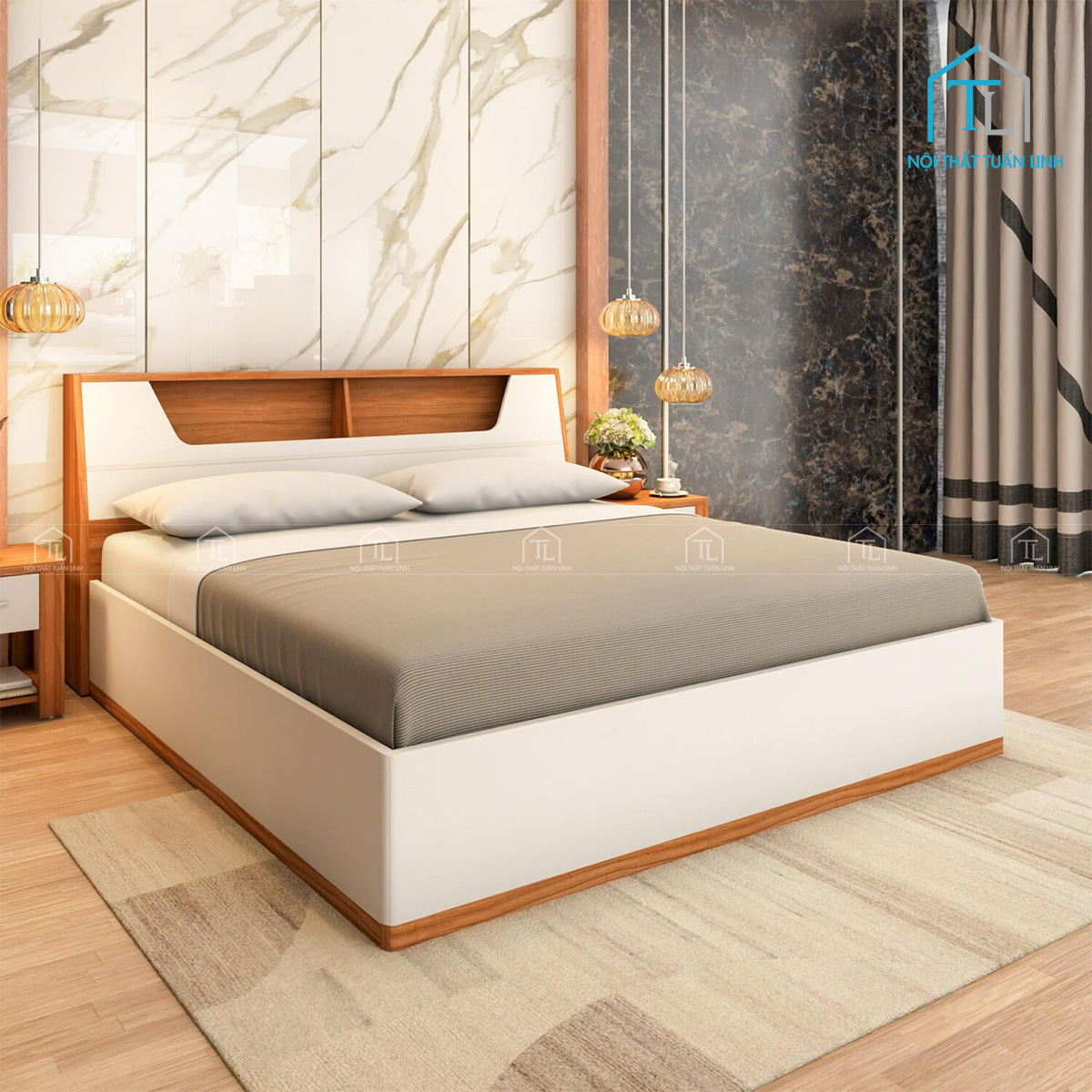 Giường ngủ gỗ công nghiệp màu gỗ Teak tích hợp khoang chứa