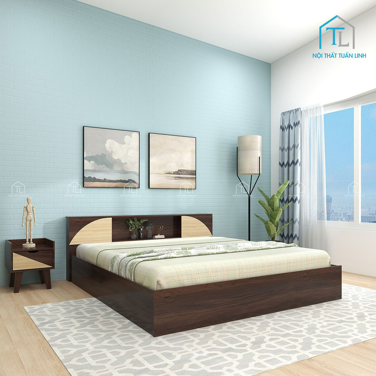 Giường ngủ gỗ công nghiệp màu óc chó thiết kế tiện nghi
