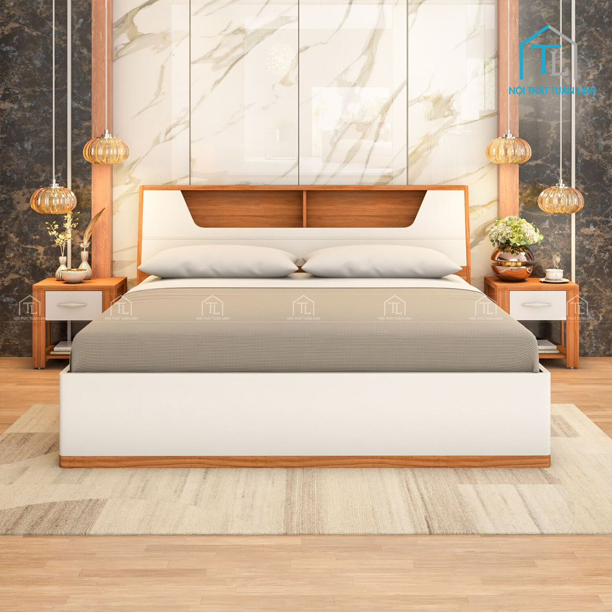 Giường ngủ gỗ công nghiệp màu gỗ Teak tích hợp khoang chứa
