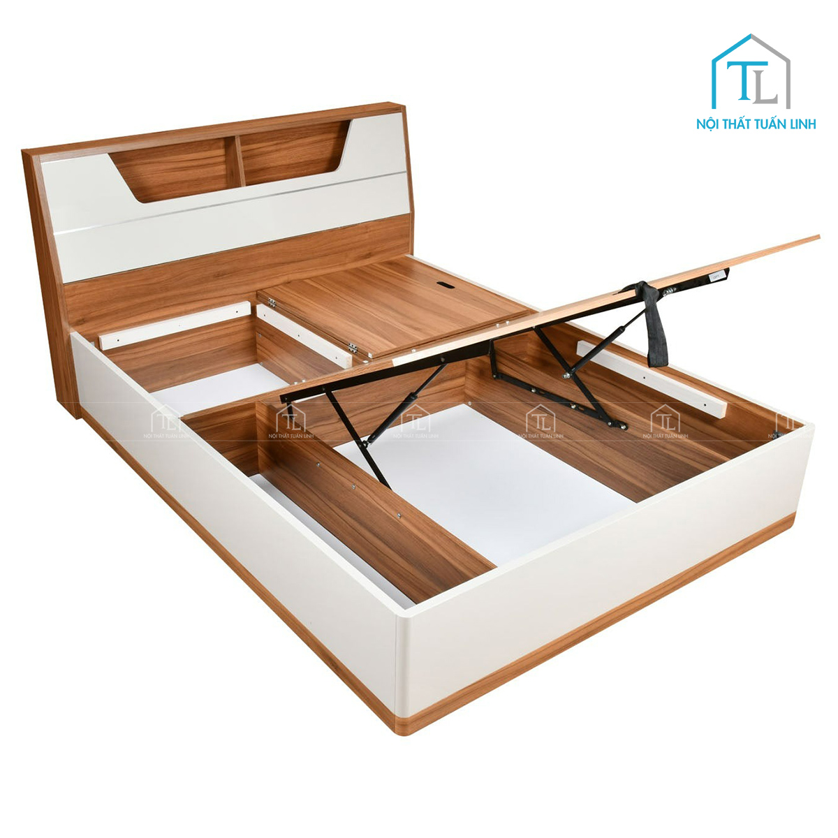 Giường ngủ gỗ công nghiệp màu gỗ Teak tích hợp khoang chứa