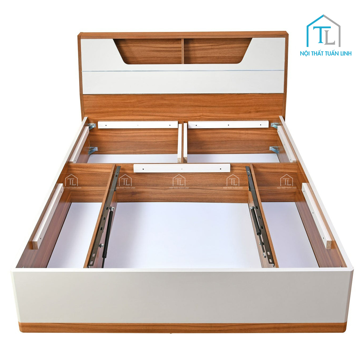 Giường ngủ gỗ công nghiệp màu gỗ Teak tích hợp khoang chứa
