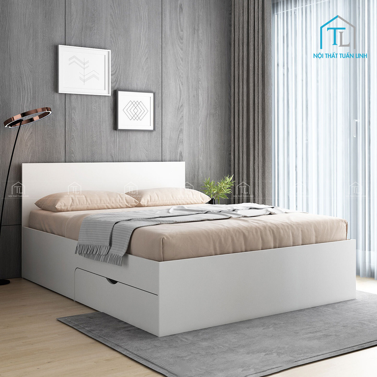 Giường ngủ gỗ công nghiệp màu trắng tích hợp ngăn kéo, hộc chứa tiện nghi