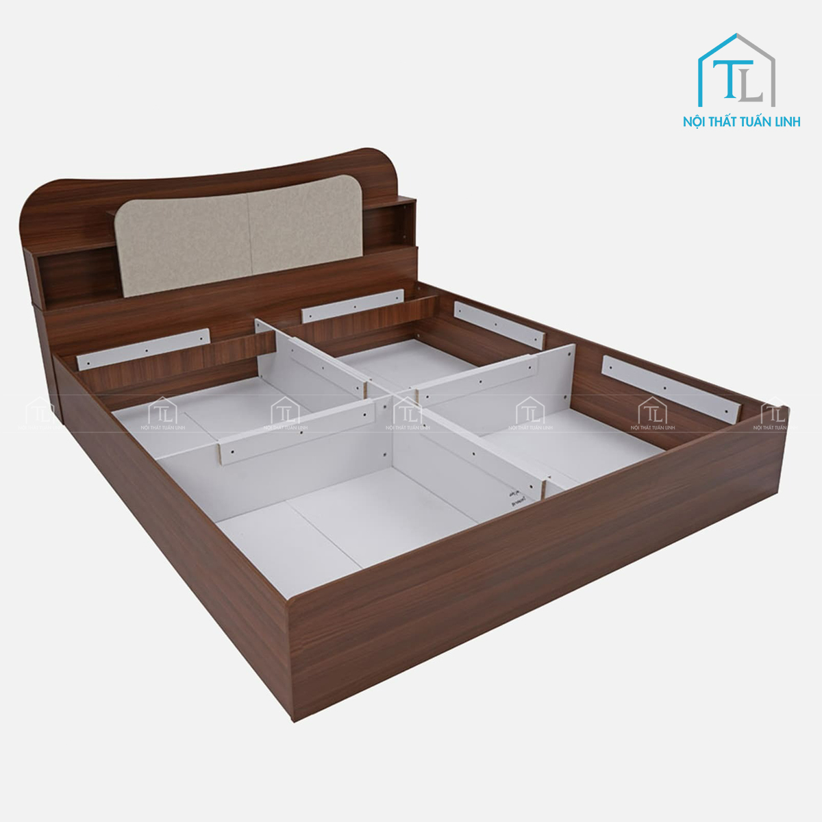 Giường ngủ gỗ công nghiệp vân gỗ óc chó có đầu giường và hộc chứa tiện ích