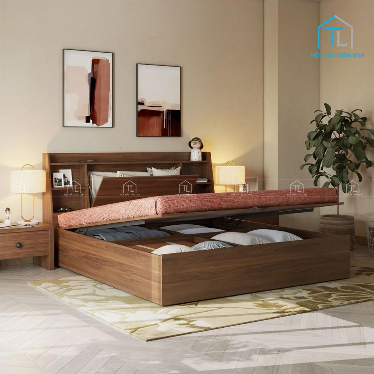 Giường ngủ gỗ công nghiệp thiết kế thông minh với hộc chứa