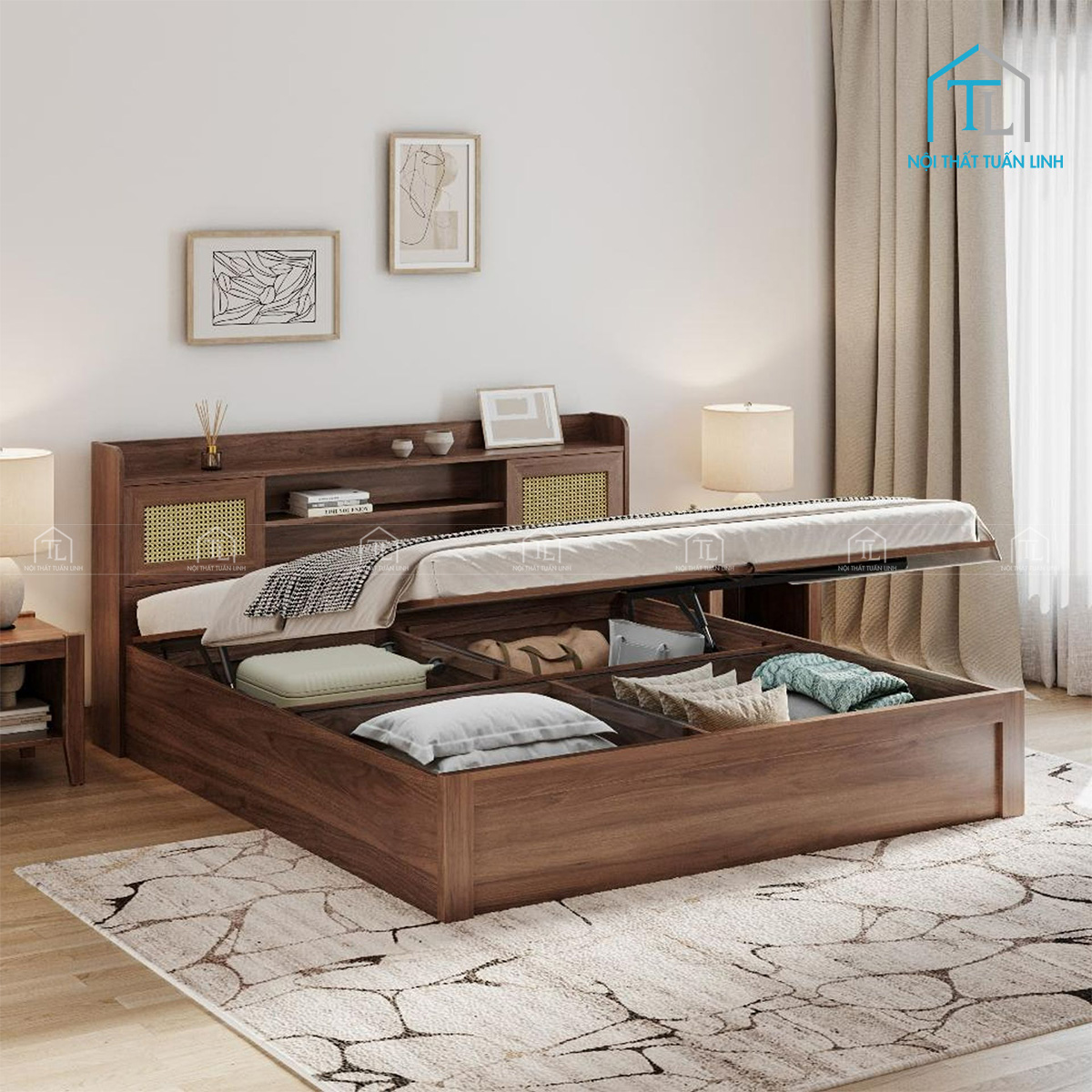 Giường ngủ gỗ công nghiệp tích hợp ngăn chứa cao cấp