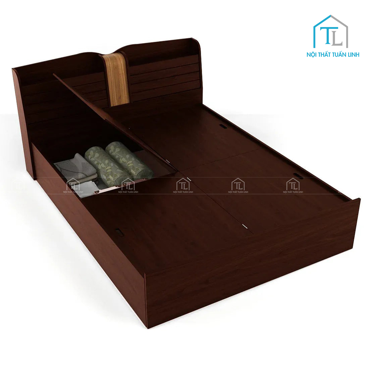 Giường ngủ gỗ công nghiệp vân gỗ hiện đại, tích hợp hộc chứa đồ và kệ đầu giường