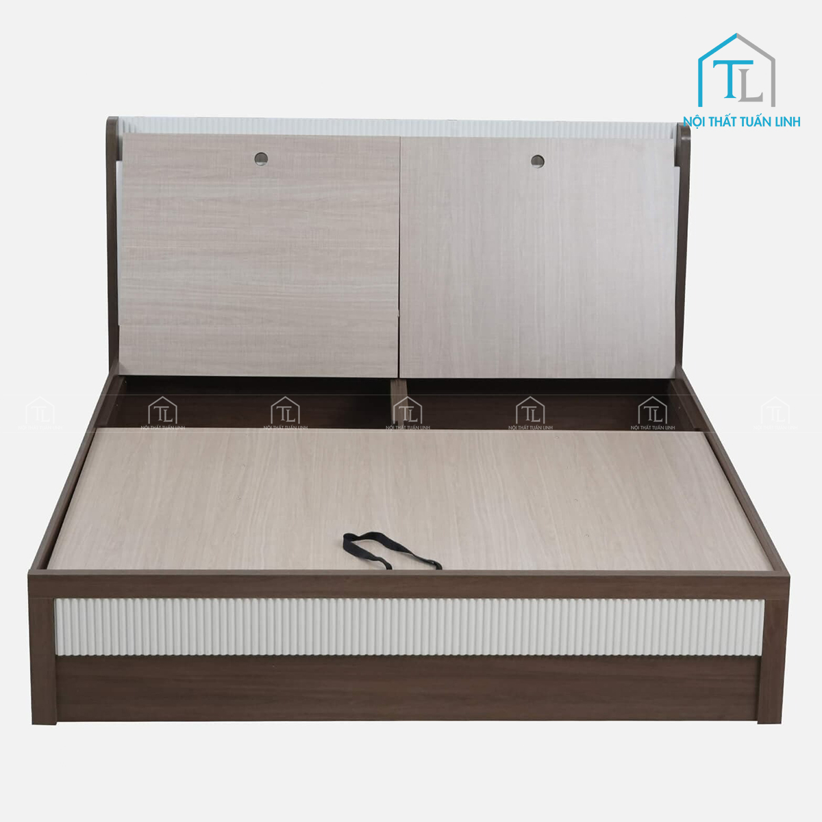 Giường ngủ gỗ công nghiệp vân gỗ óc chó phối trắng bóng có ngăn chứa tiện lợi