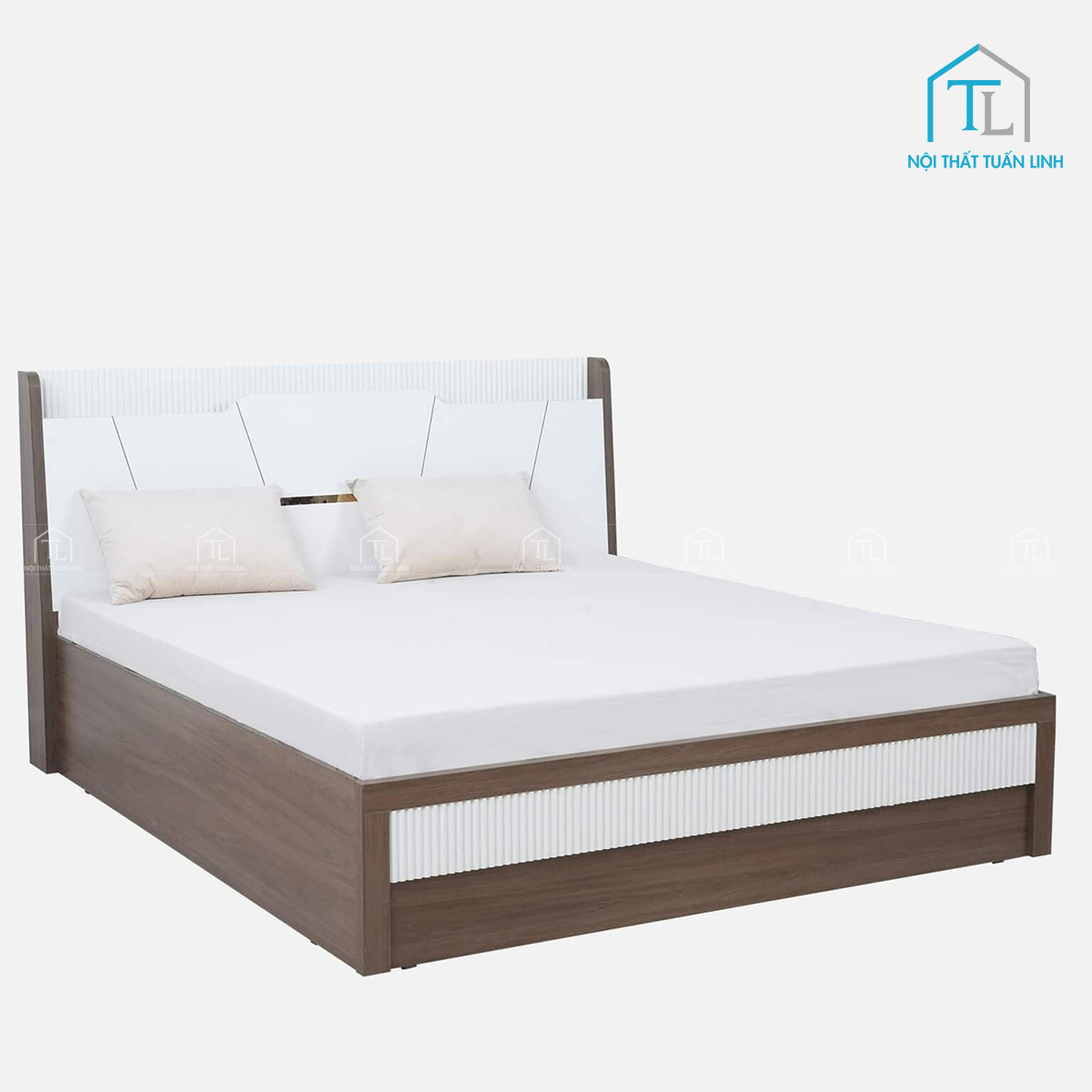 Giường ngủ gỗ công nghiệp vân gỗ óc chó phối trắng bóng có ngăn chứa tiện lợi