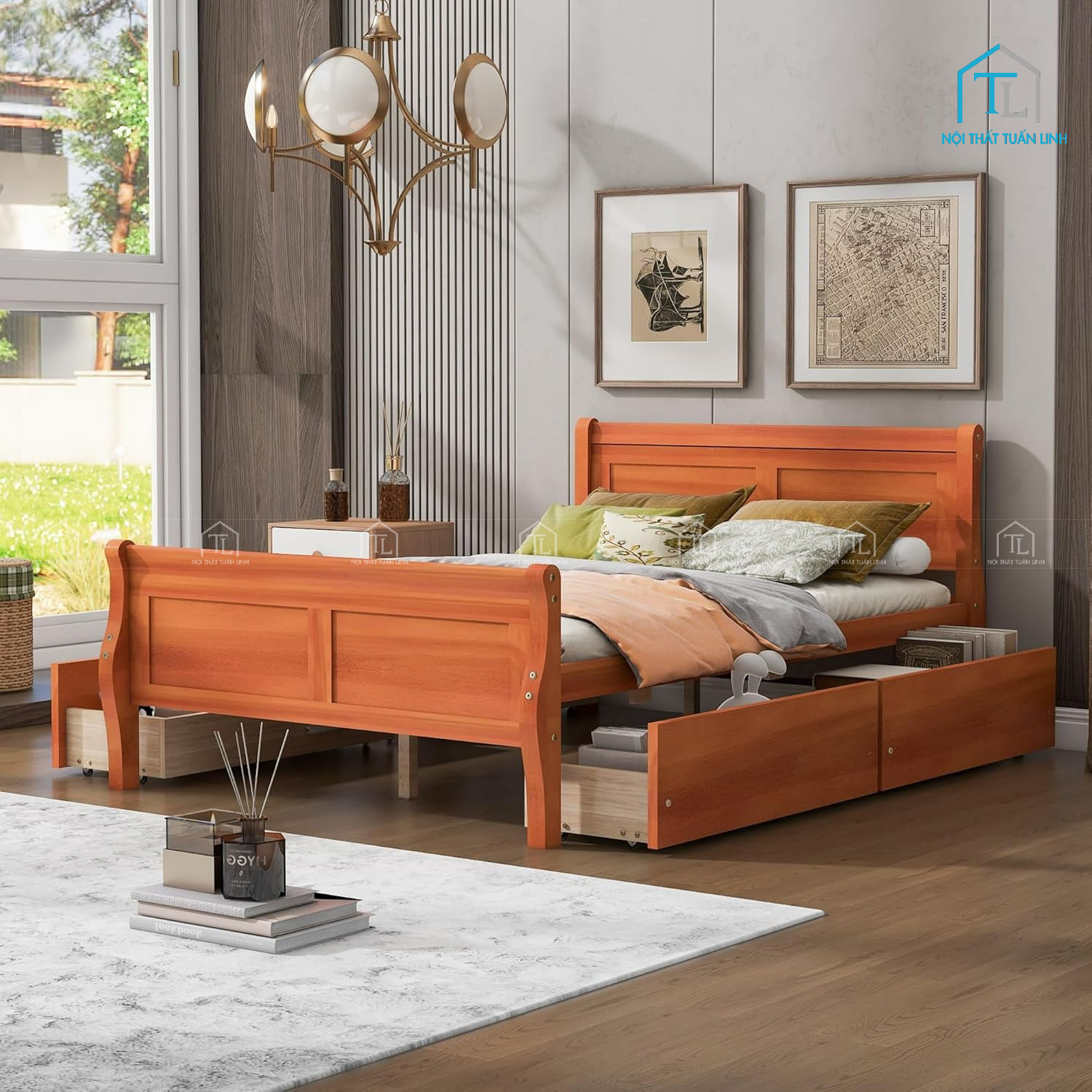 Giường ngủ gỗ sồi cổ điển có ngăn kéo