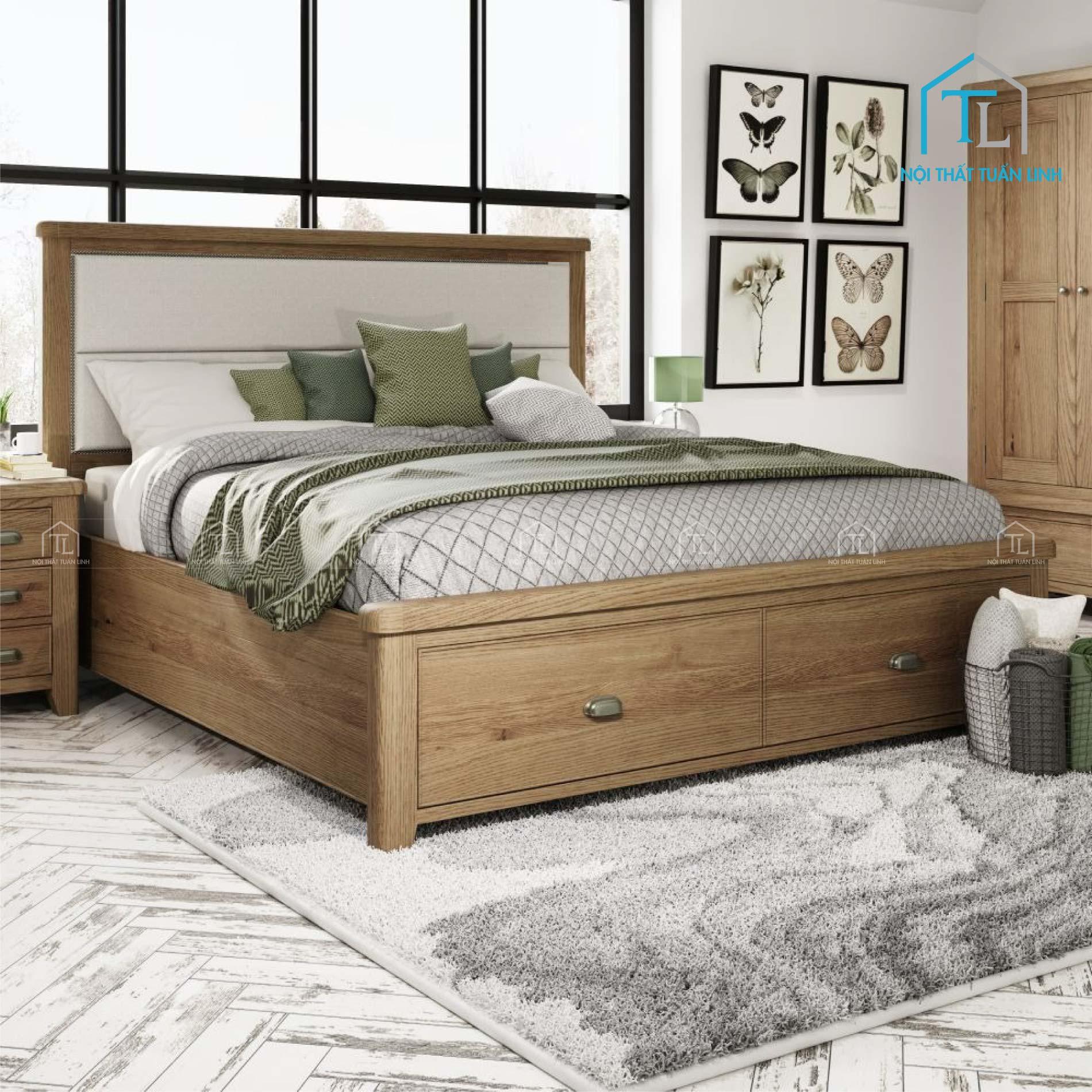 Giường ngủ gỗ sồi có ngăn kéo tiện lợi