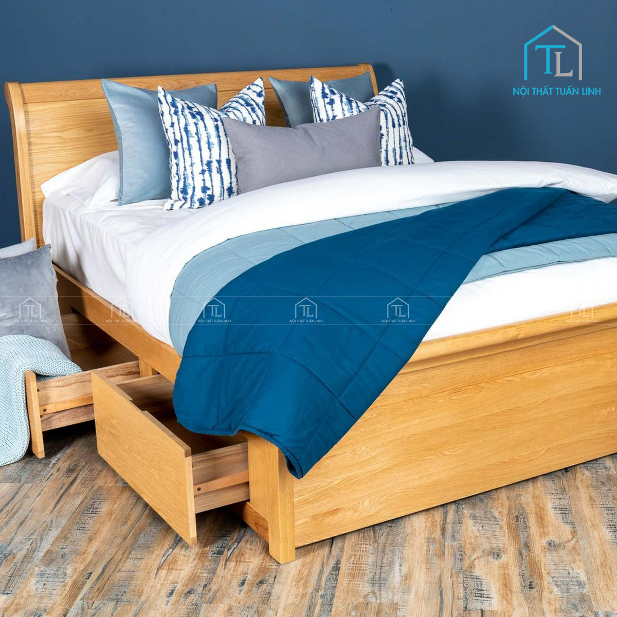 Giường ngủ gỗ sồi tự nhiên có ngăn kéo lưu trữ cao cấp