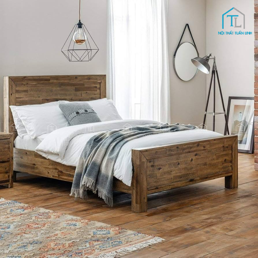 Giường ngủ gỗ sồi tự nhiên phong cách đơn giản màu gỗ tự nhiên