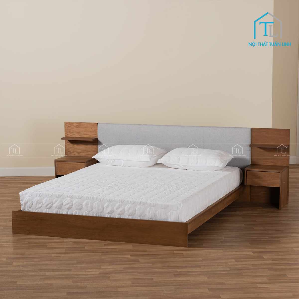 Giường ngủ gỗ công nghiệp có bọc nệm và ngăn kéo đầu giường