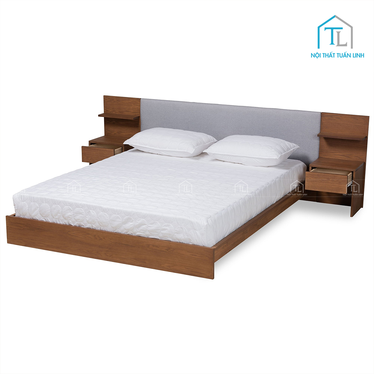 Giường ngủ gỗ công nghiệp có bọc nệm và ngăn kéo đầu giường