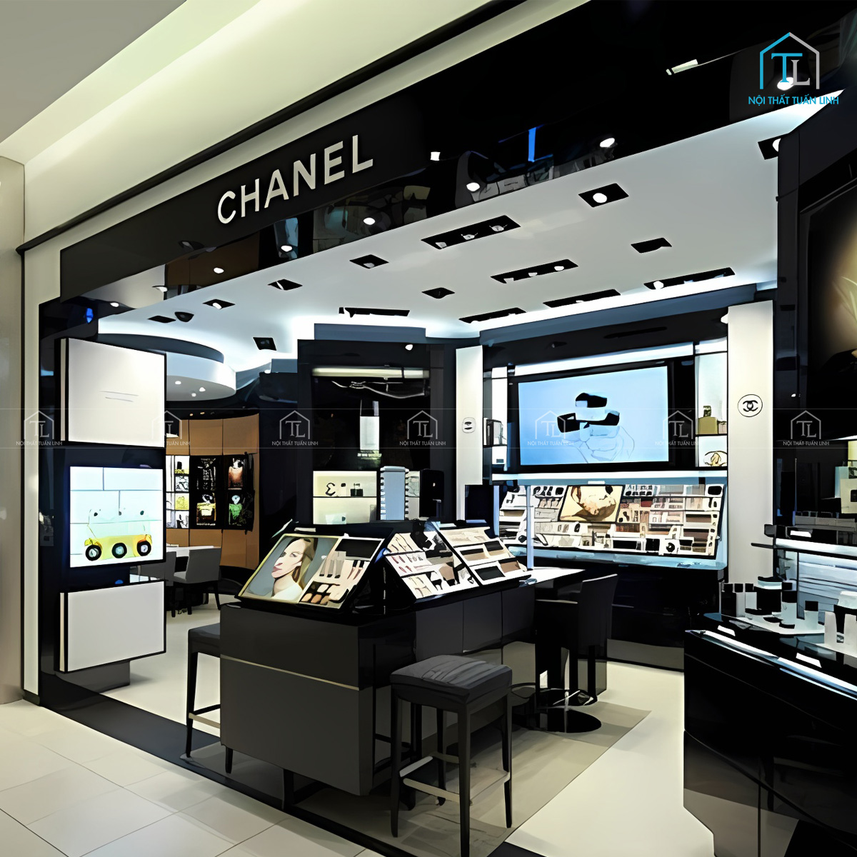 Ý tưởng thiết kế nội thất showroom mỹ phẫm nước hoa Chanel ấn tượng