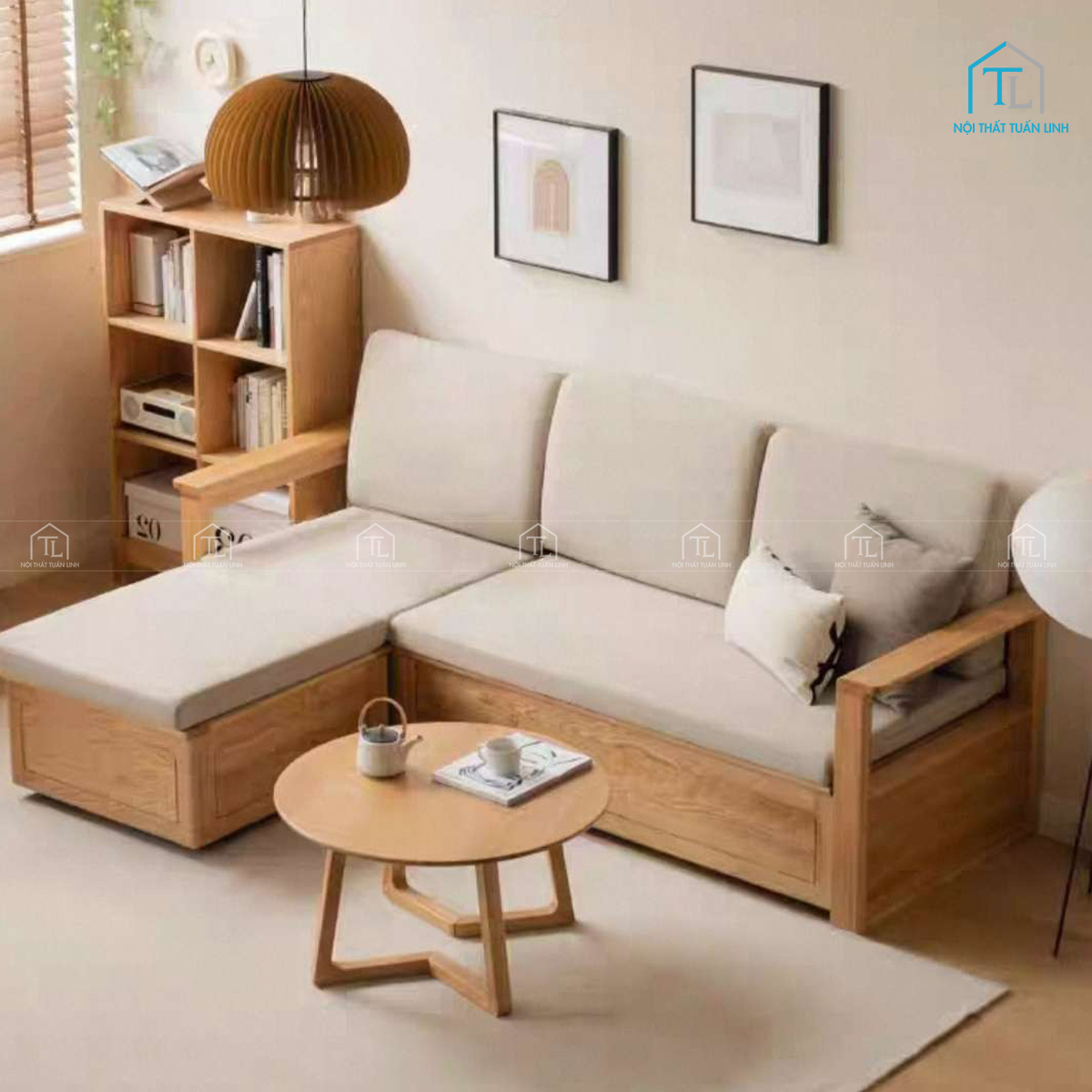 Sofa gỗ tự nhiên đệm nỉ màu kem phong cách hiện đại