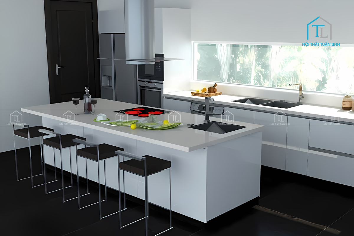 Thiết kế nhà bếp đẹp với tông màu trắng đen ấn tượng