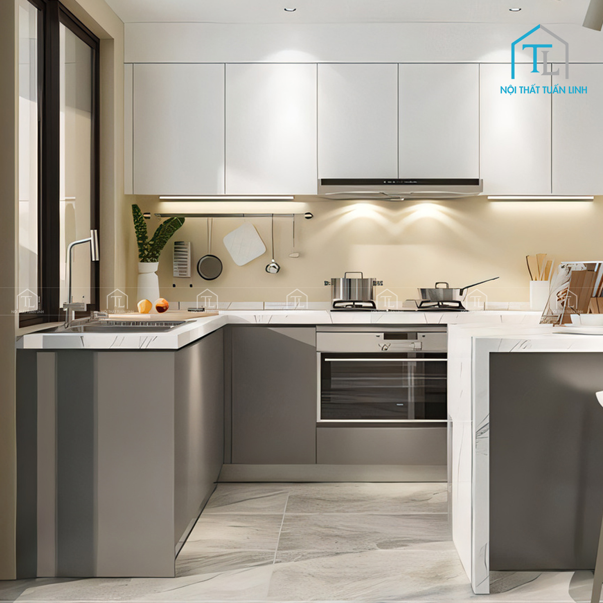 Tủ bếp MDF hiện đại màu trắng