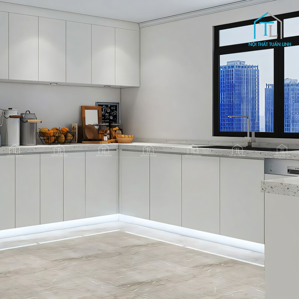 Tủ bếp MDF màu trắng phong cách hiện đại cao cấp