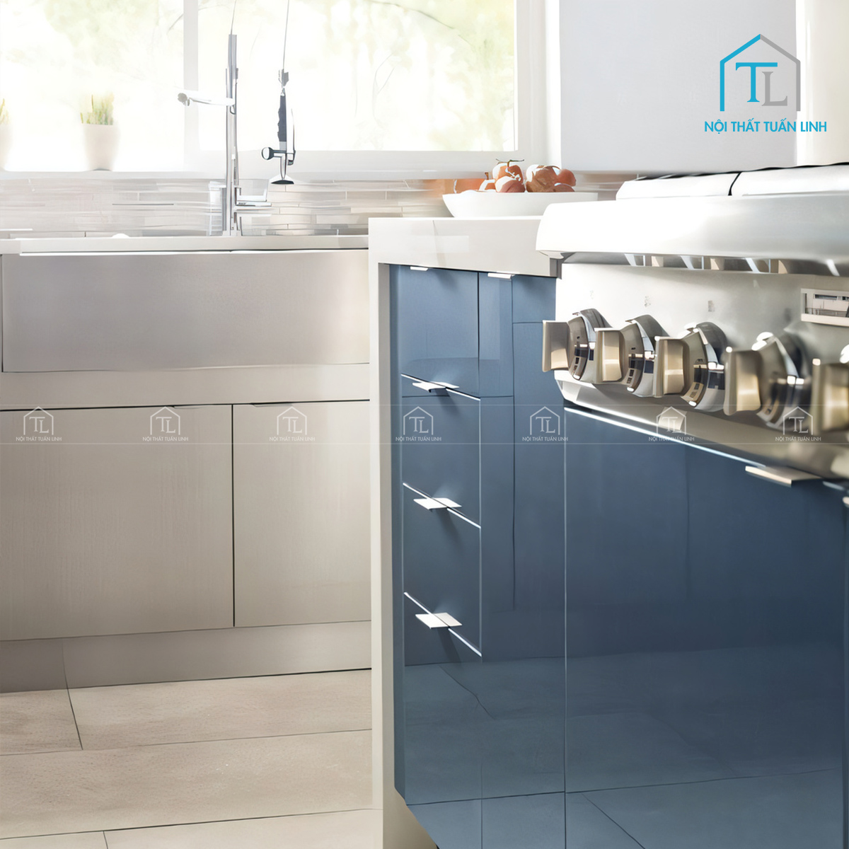 Tủ bếp Acrylic 3 màu kem – xám khói – xanh hiện đại