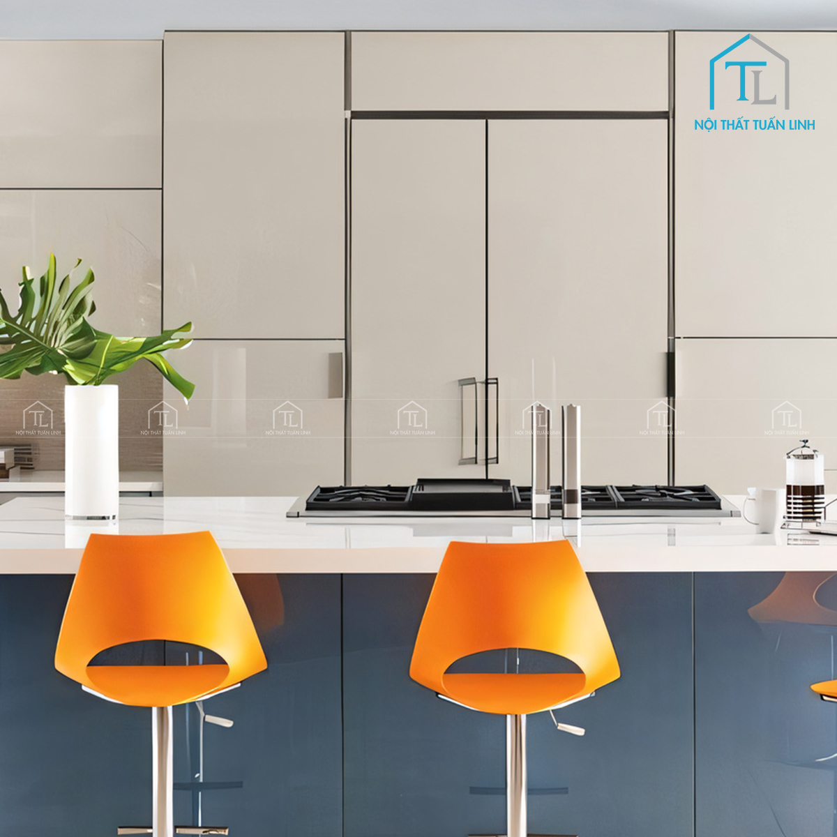 Tủ bếp Acrylic 3 màu kem – xám khói – xanh hiện đại