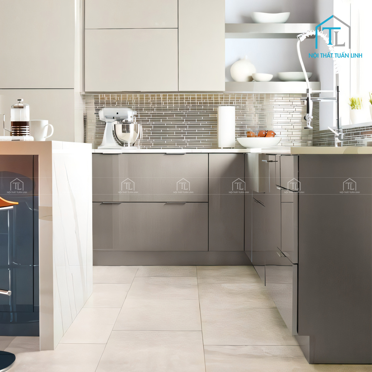 Tủ bếp Acrylic 3 màu kem – xám khói – xanh hiện đại