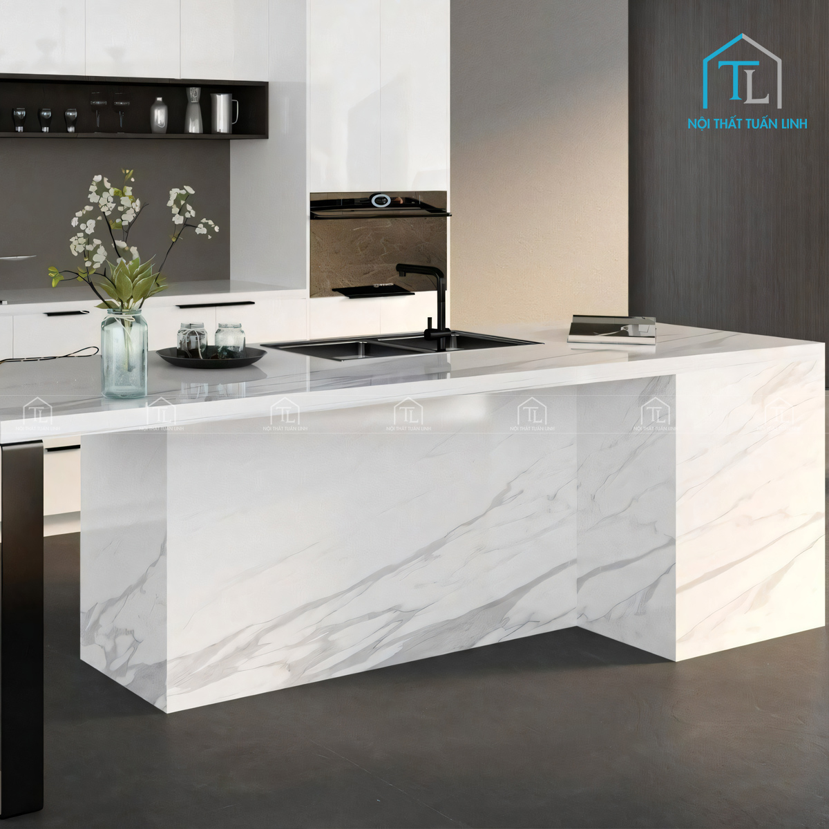 Tủ bếp Acrylic bóng gương cao cấp phong cách hiện đại