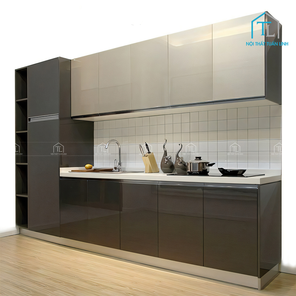 Tủ bếp Acrylic bóng gương thiết kế hiện đại