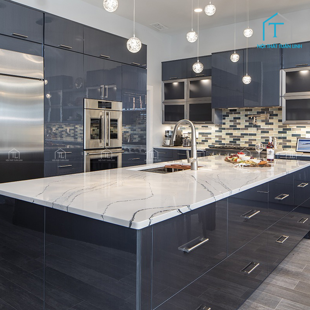 Tủ bếp Acrylic bóng màu xanh hiện đại