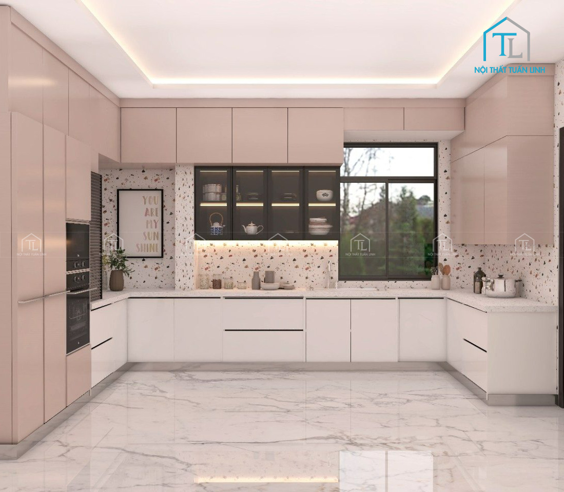 Tủ Bếp Acrylic màu hồng trắng thanh lịch