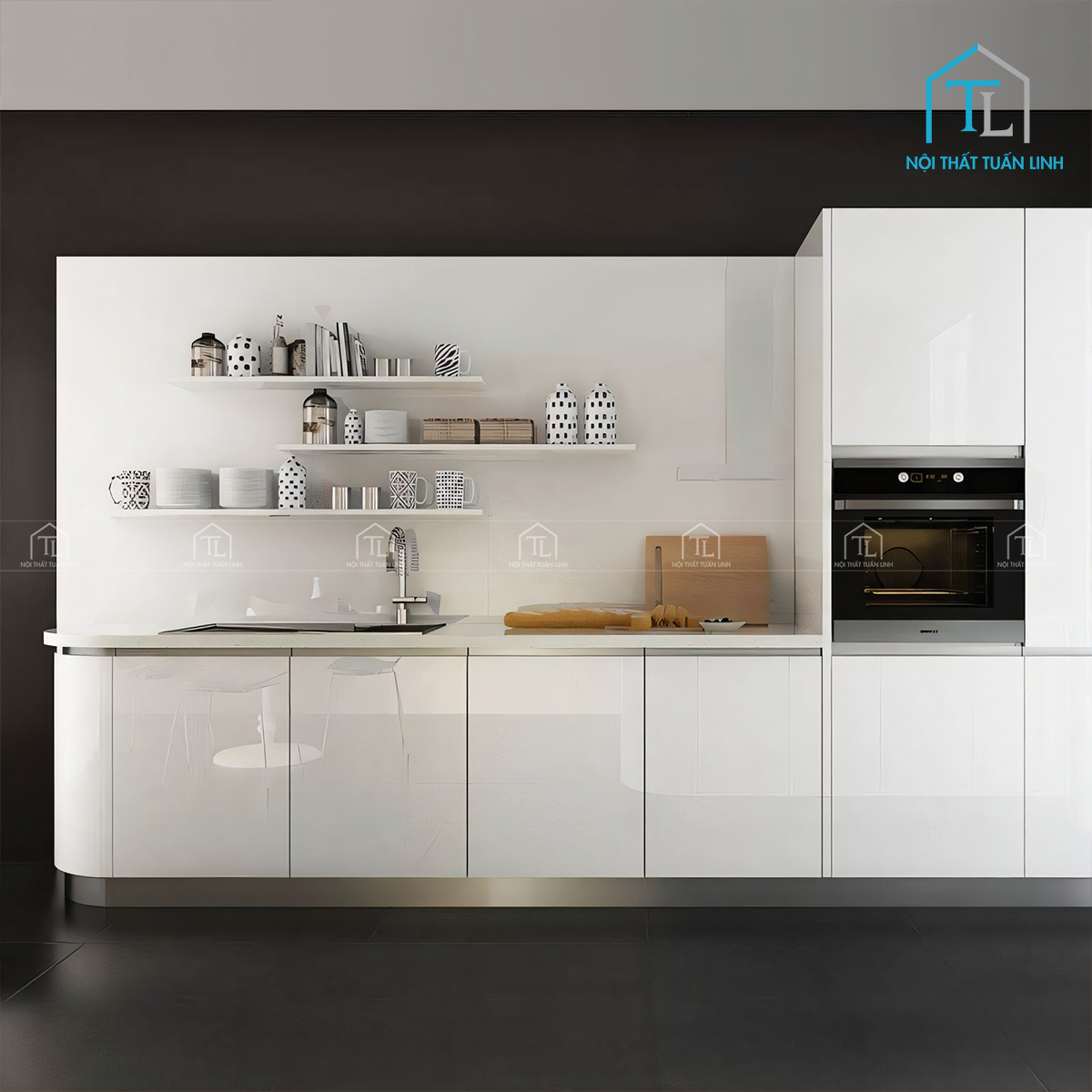 Tủ bếp Acrylic màu trắng bóng gương bo góc hiện đại