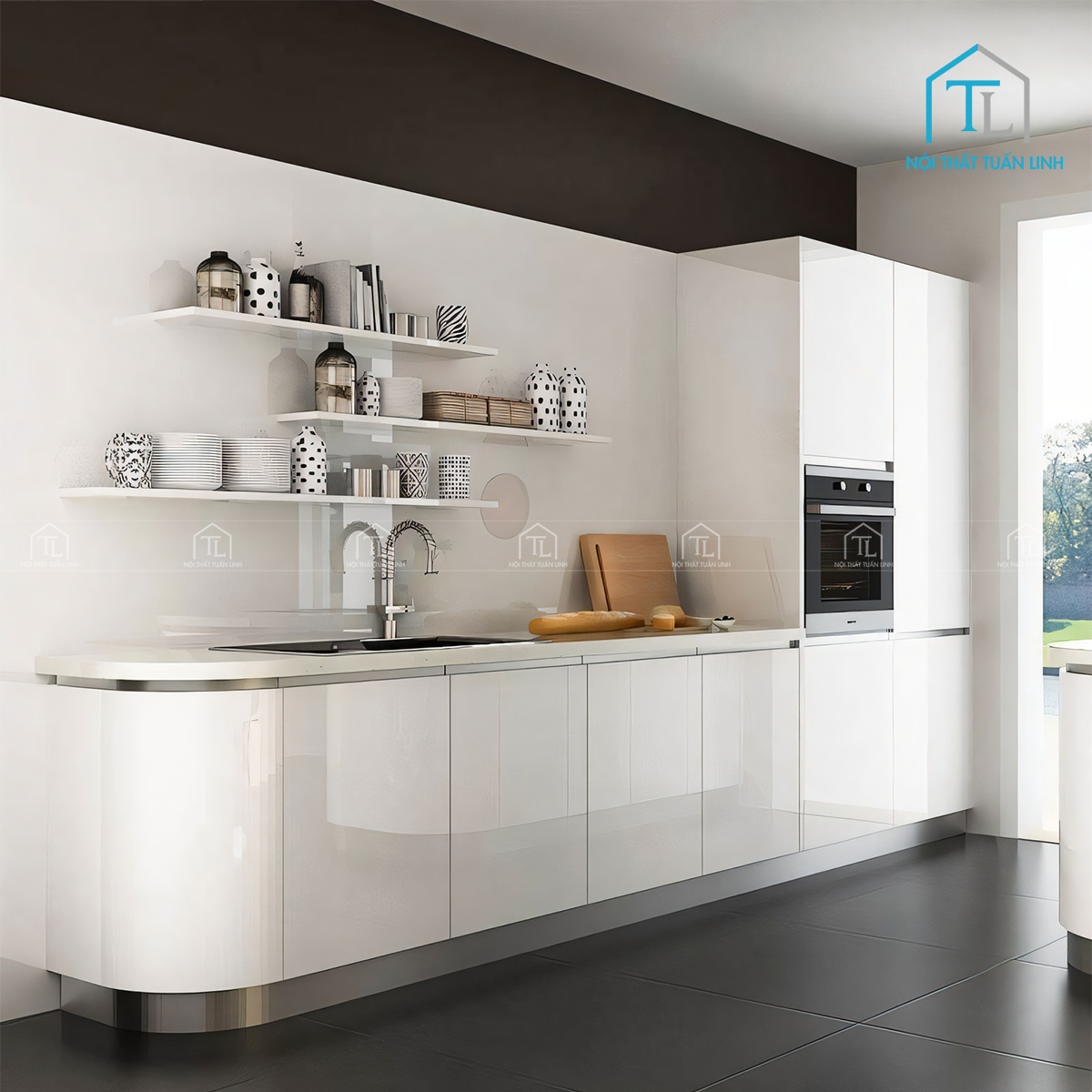 Tủ bếp Acrylic màu trắng bóng gương bo góc hiện đại