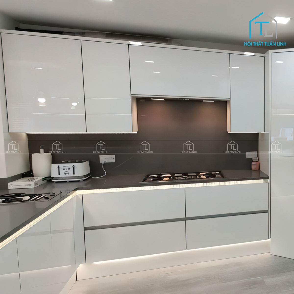 Tủ bếp Acrylic màu trắng bóng gương thiết kế hiện đại (Tủ bếp dưới (1 mét dài))