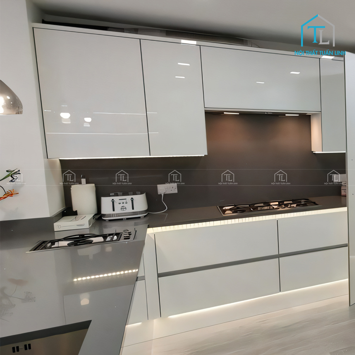 Tủ bếp Acrylic màu trắng bóng gương thiết kế hiện đại (Tủ bếp dưới (1 mét dài))