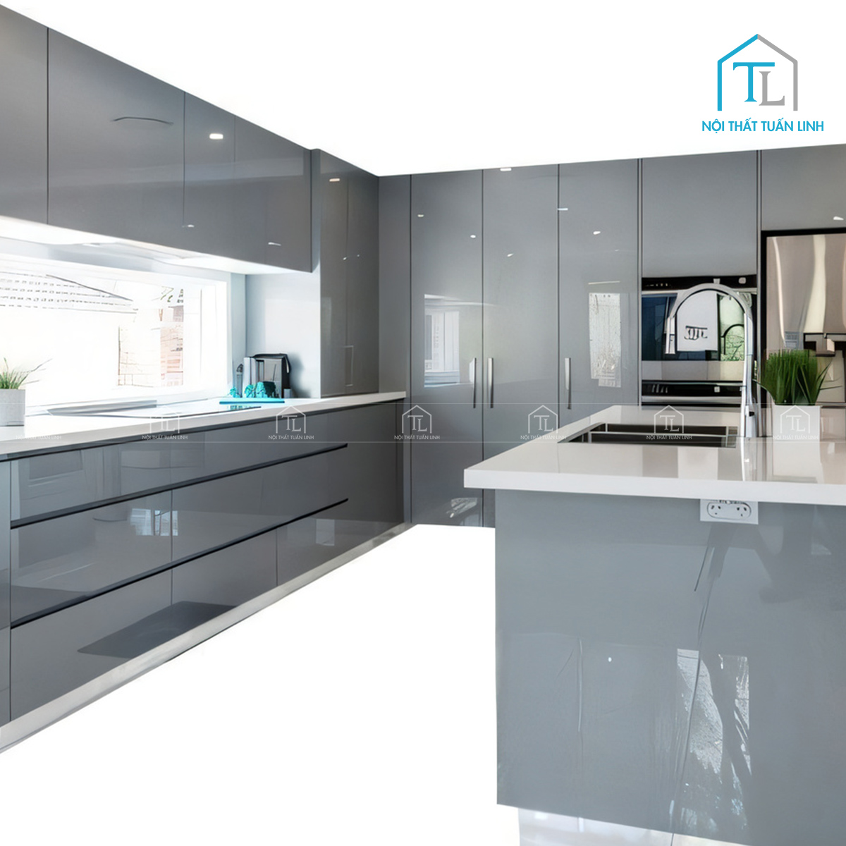 Tủ bếp Acrylic màu xám bóng gương thiết kế hiện đại cao cấp