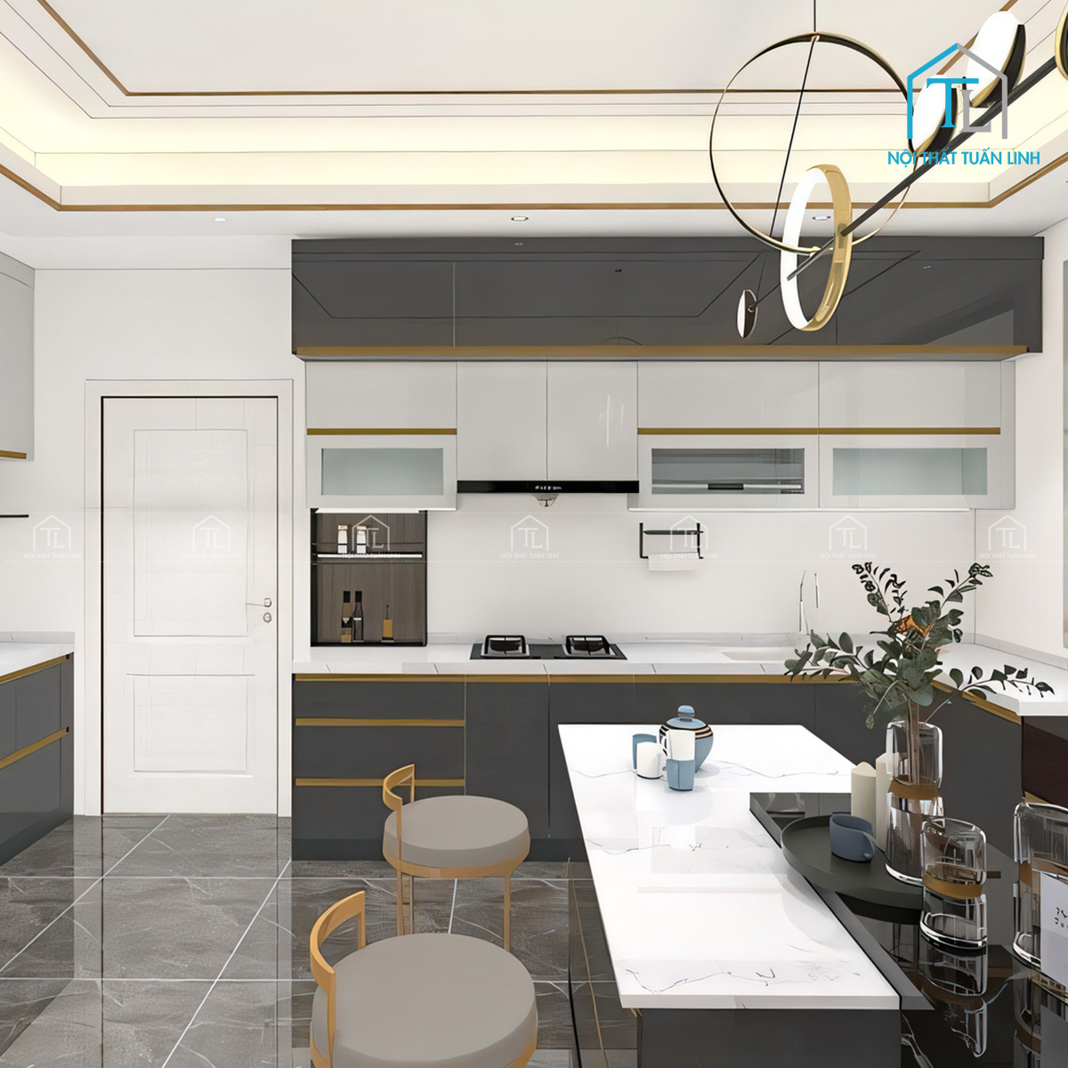 Tủ bếp Acrylic xám đen kết hợp trắng bóng gương phong cách hiện đại