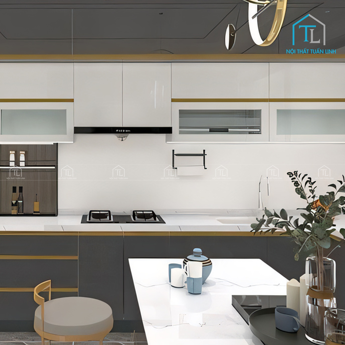 Tủ bếp Acrylic xám đen kết hợp trắng bóng gương phong cách hiện đại