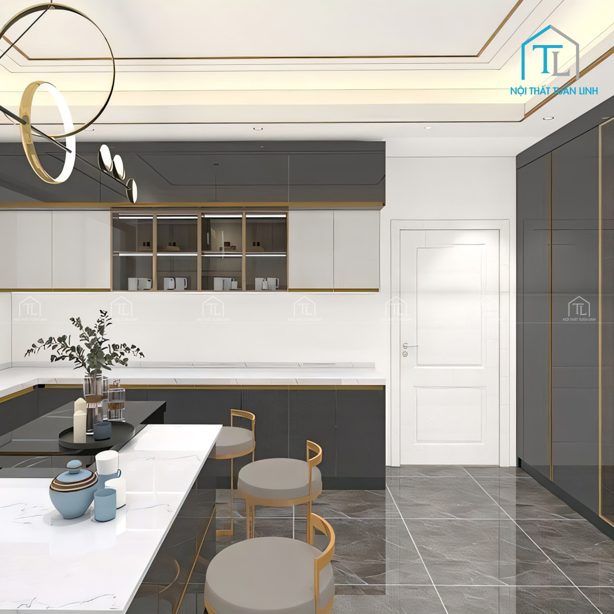 Tủ bếp Acrylic xám đen kết hợp trắng bóng gương phong cách hiện đại