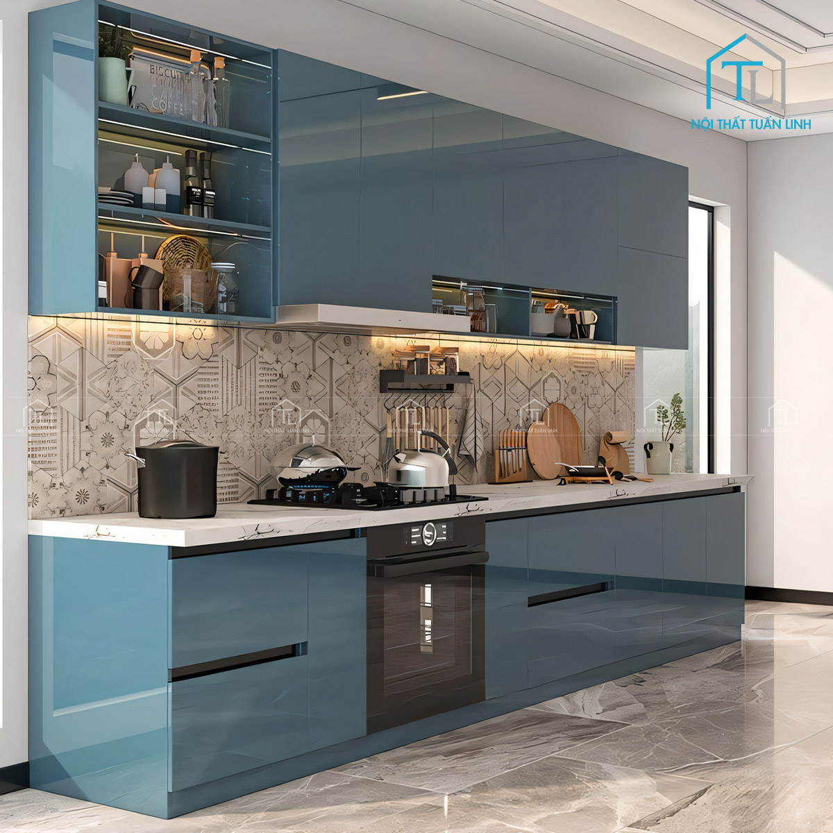 Tủ bếp acrylic xanh khói bóng gương thiết kế hiện đại cao cấp