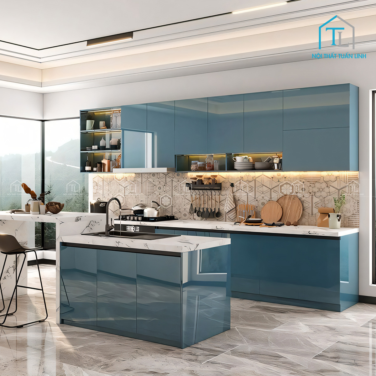 Tủ bếp acrylic xanh khói bóng gương thiết kế hiện đại cao cấp