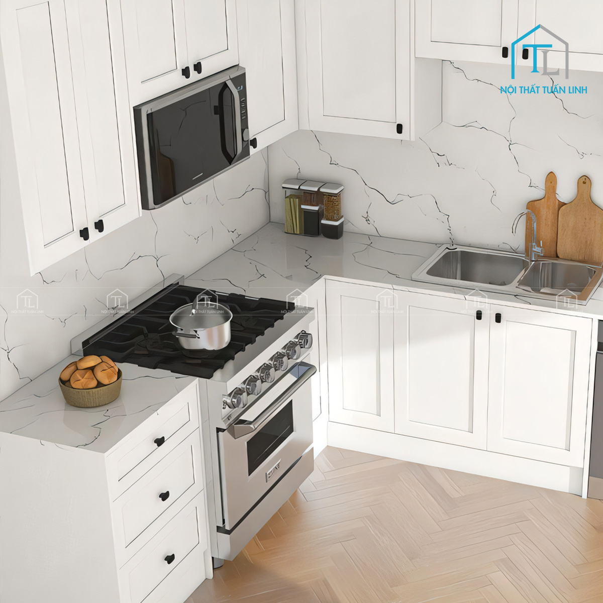 Tủ bếp MDF trắng bóng kết hợp vân gỗ thiết kế chữ L hiện đại