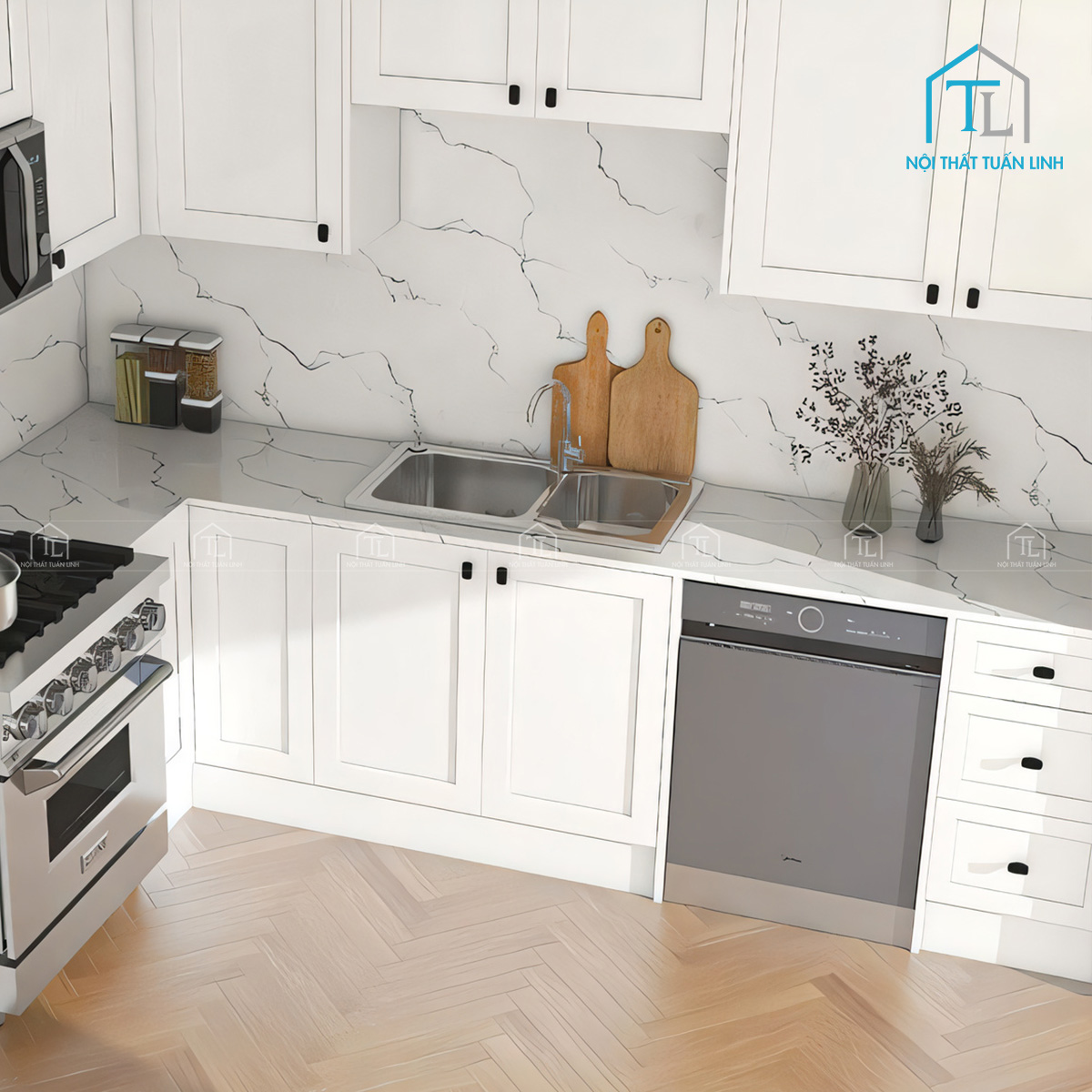 Tủ bếp gỗ công nghiệp cánh trắng hiện đại thiết kế tiện nghi