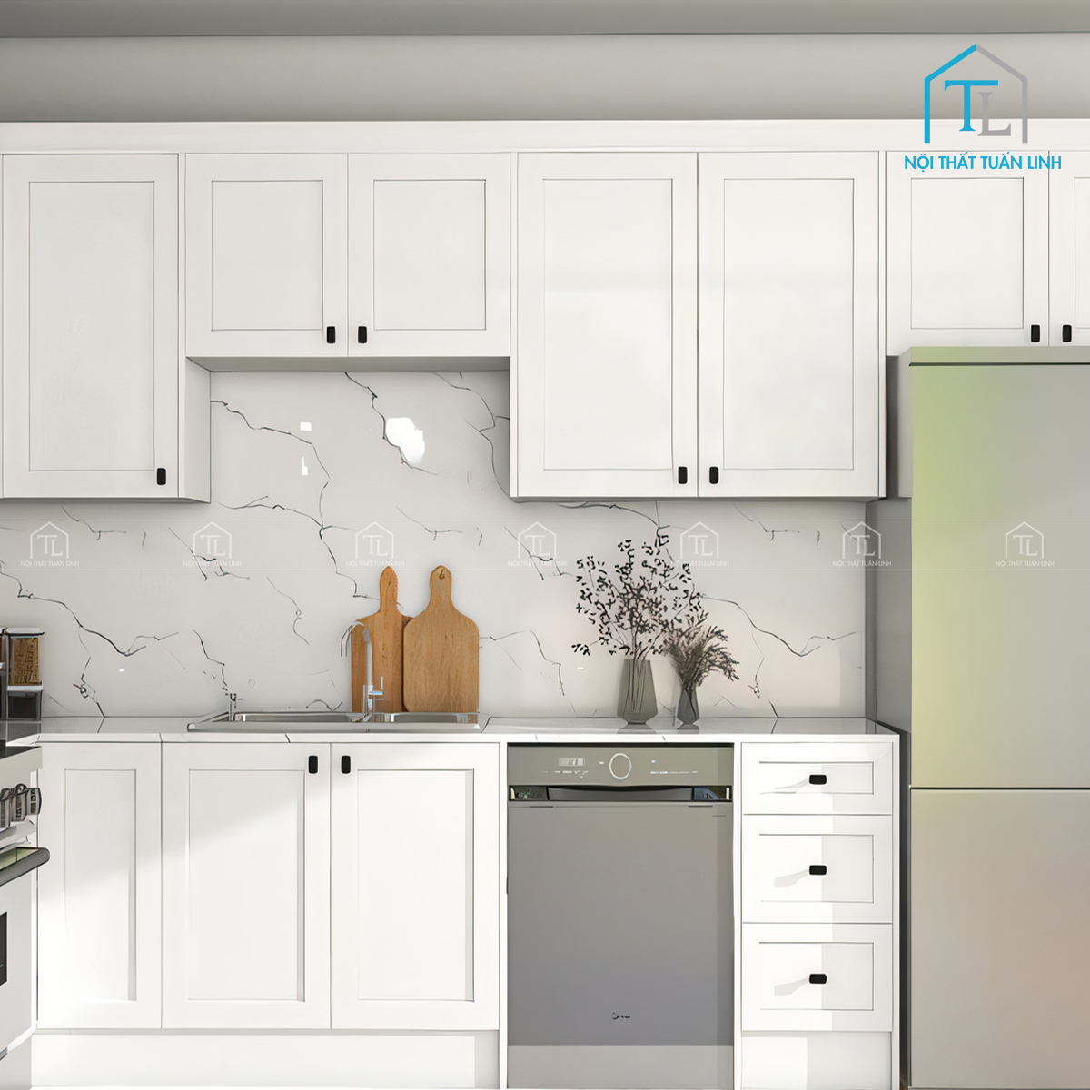 Tủ bếp gỗ công nghiệp cánh trắng hiện đại thiết kế tiện nghi