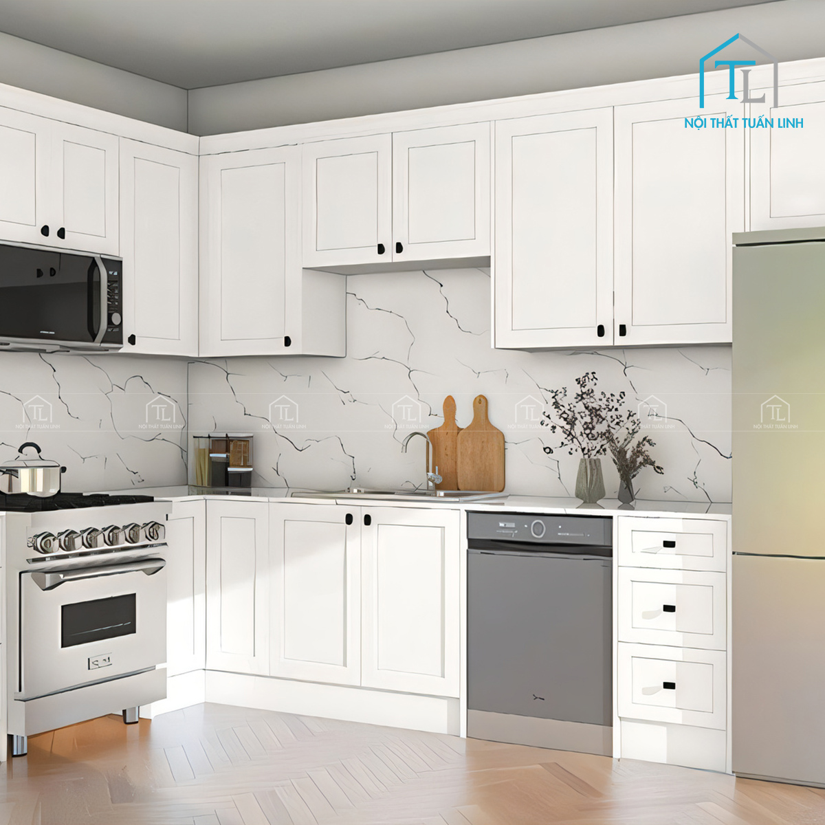 Tủ bếp gỗ công nghiệp cánh trắng hiện đại thiết kế tiện nghi